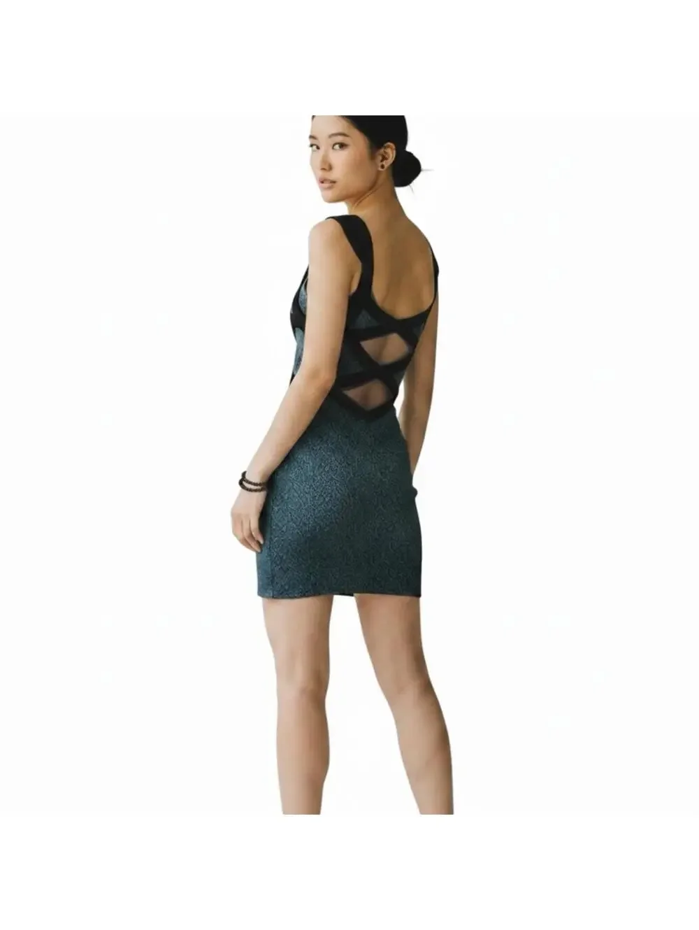 Free People Cross My Heart Mini Dress Teal Blue Black Strappy Cutout Back, XS - Picture 2 of 6